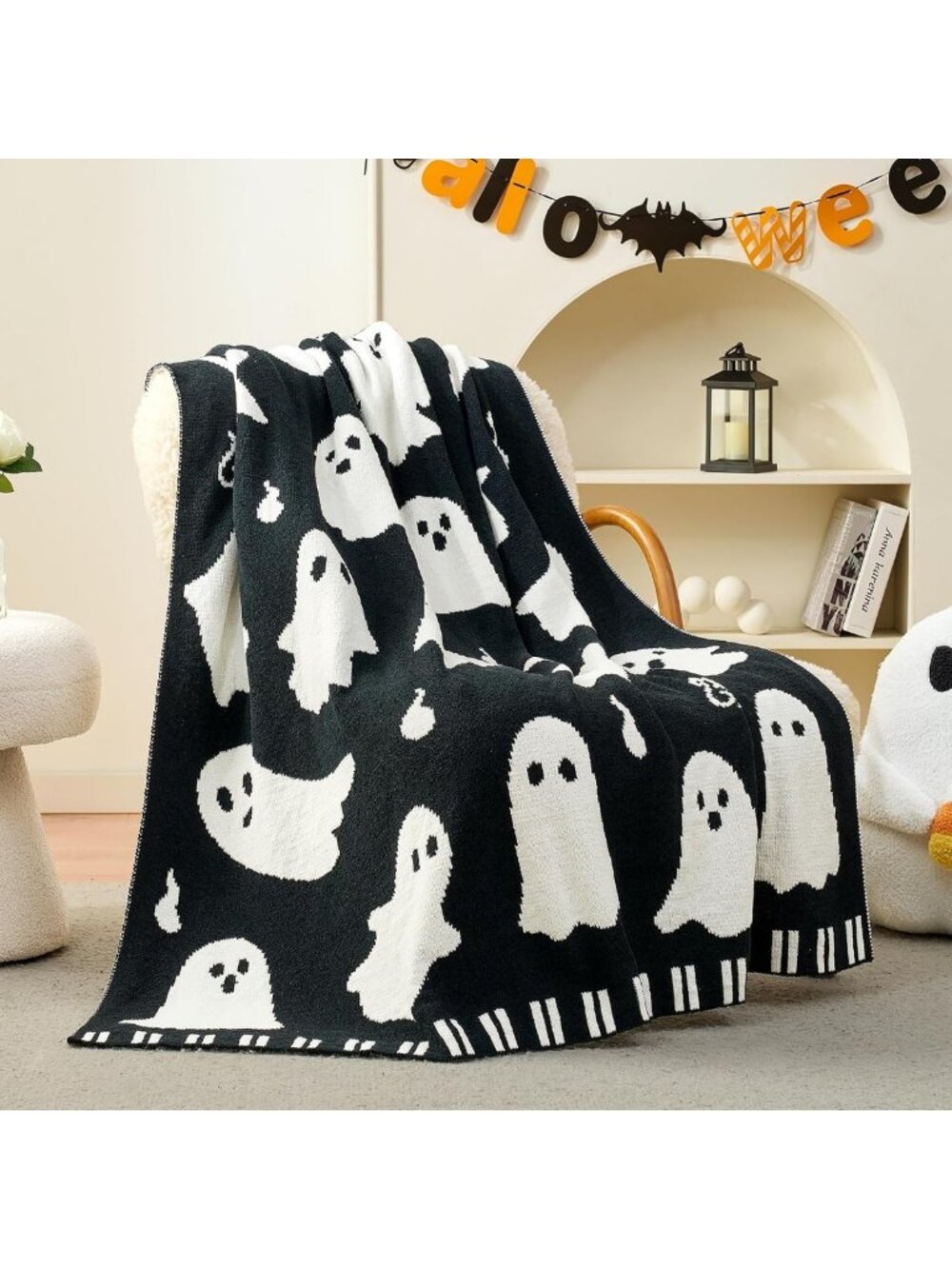 Cozy Halloween Throw Blanket, Dual-Sided Ghost Design, Soft Chenille, 50"x60